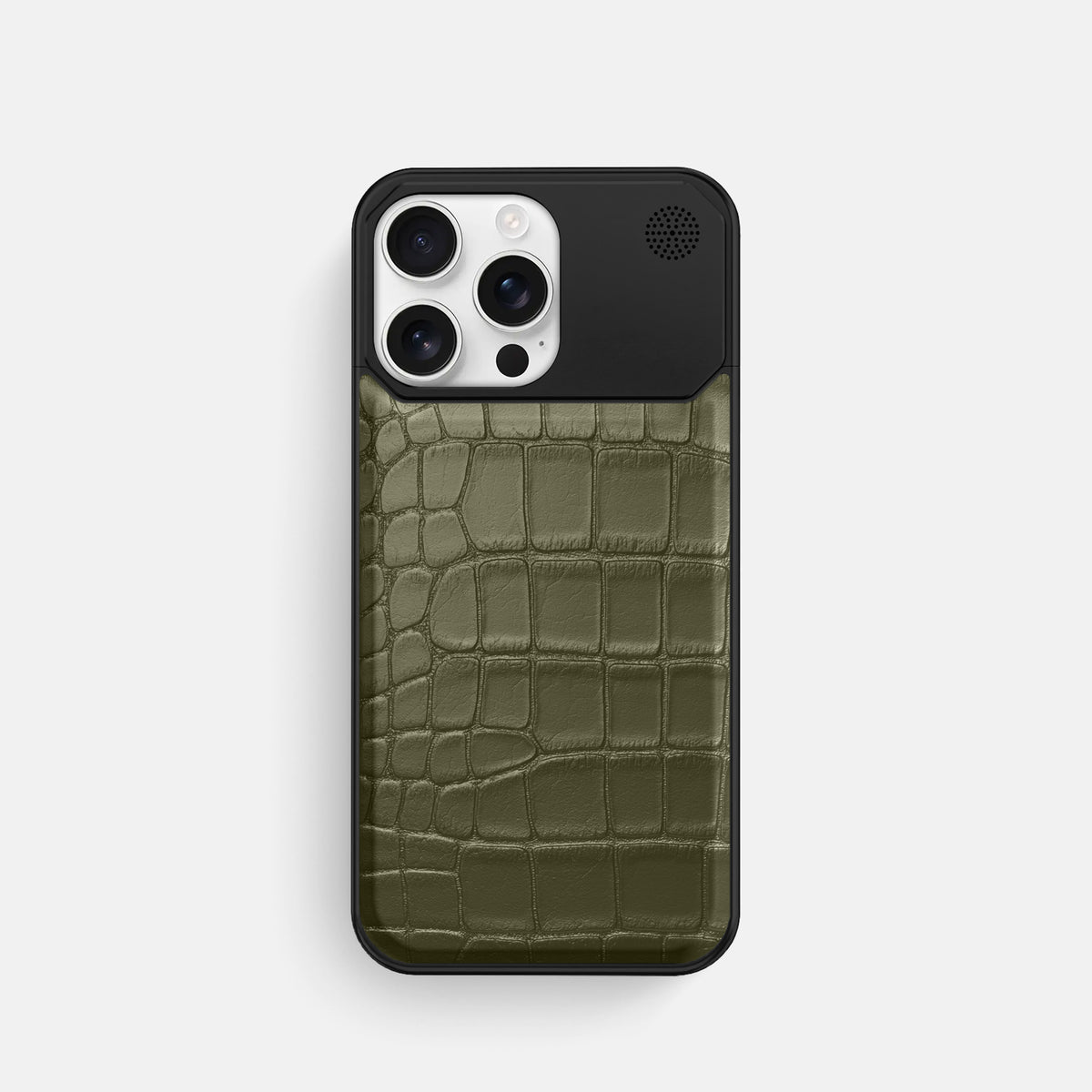 Kaki-Green iPhone 16 Pro Cyber Case In Alligator with Black Metal -1 | Kaki-Green-Black