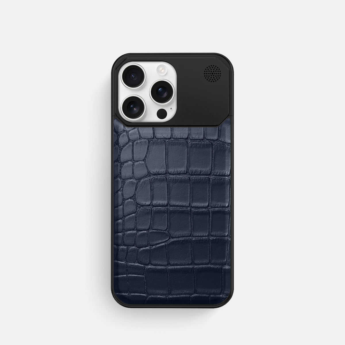 Navy Blue iPhone 16 Pro Cyber Case In Alligator with Black Metal -1 | Navy-Blue-Black