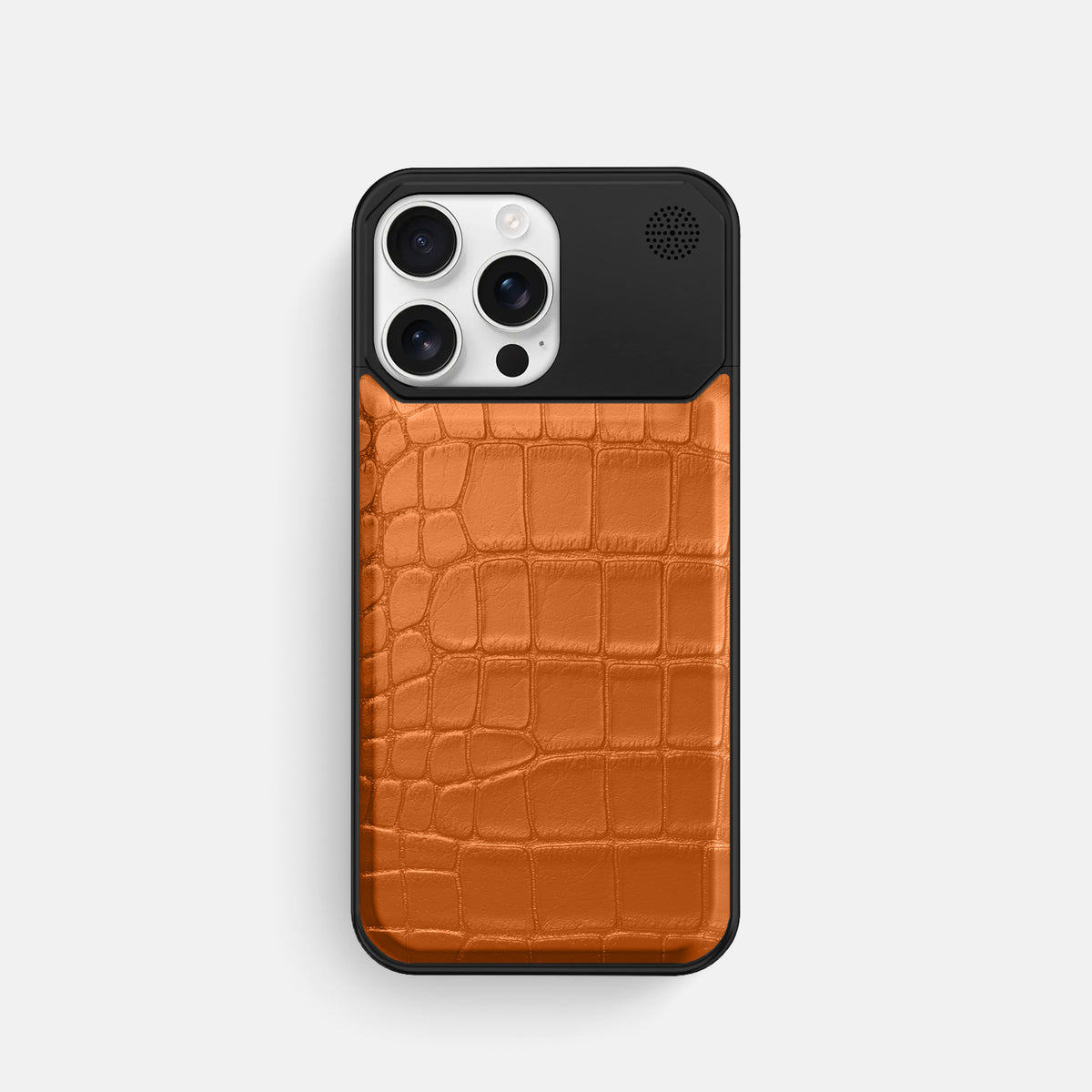 Orange iPhone 16 Pro Cyber Case In Alligator with Black Metal -1 | Orange-Black