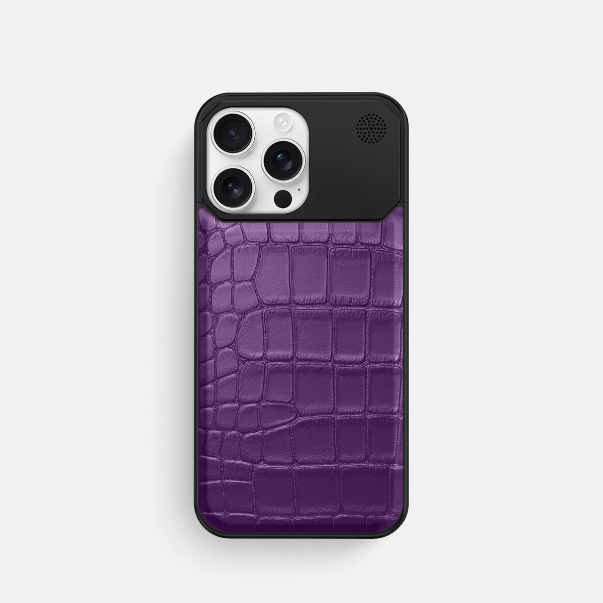 Purple iPhone 16 Pro Cyber Case In Alligator with Black Metal -1 | Purple-Black