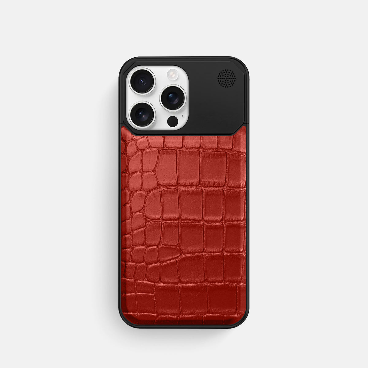 Red iPhone 16 Pro Cyber Case In Alligator with Black Metal -1 | Red-Black