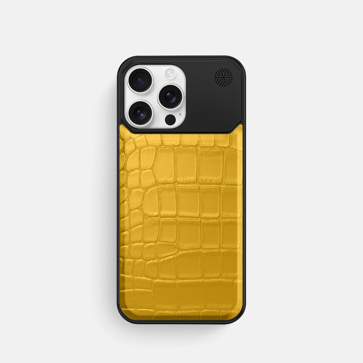 Yellow iPhone 16 Pro Cyber Case In Alligator with Black Metal -1 | Yellow-Black