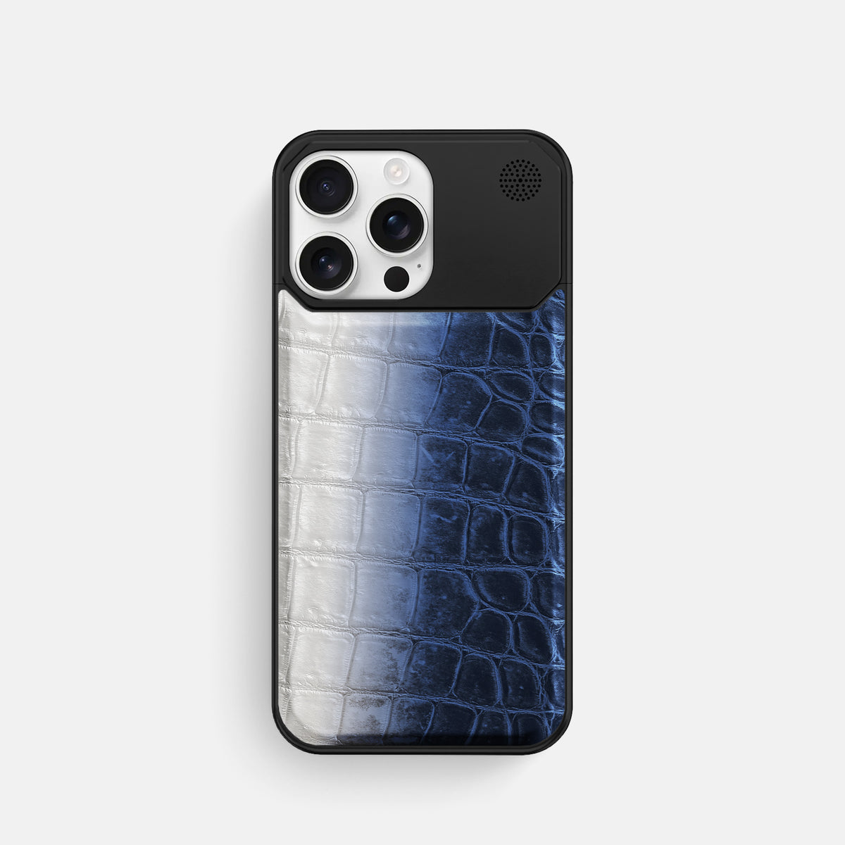 Navy Blue iPhone 16 Pro Cyber Case Himalayan Crocodile with Black Metal -1 | Navy-Blue-Black