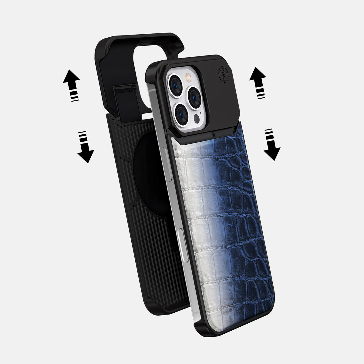 Navy Blue iPhone 16 Pro Cyber Case Himalayan Crocodile with Black Metal -2 | Navy-Blue-Black