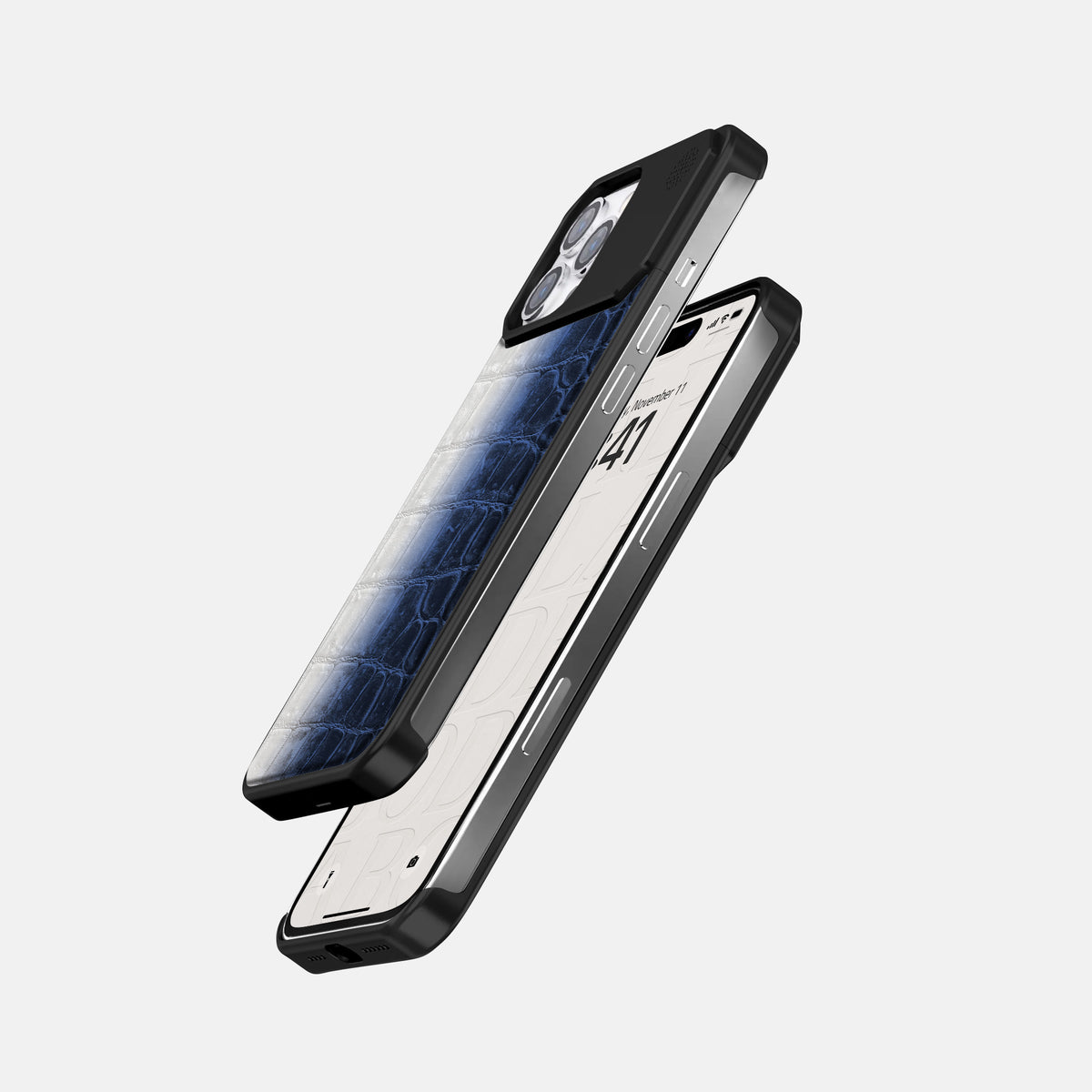 Navy Blue iPhone 16 Pro Cyber Case Himalayan Crocodile with Black Metal -5 | Navy-Blue-Black