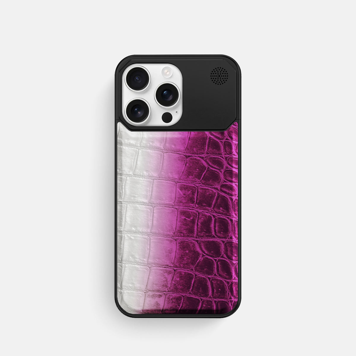 Fuchsia iPhone 16 Pro Cyber Case Himalayan Crocodile with Black Metal -1 | Fuchsia-Black