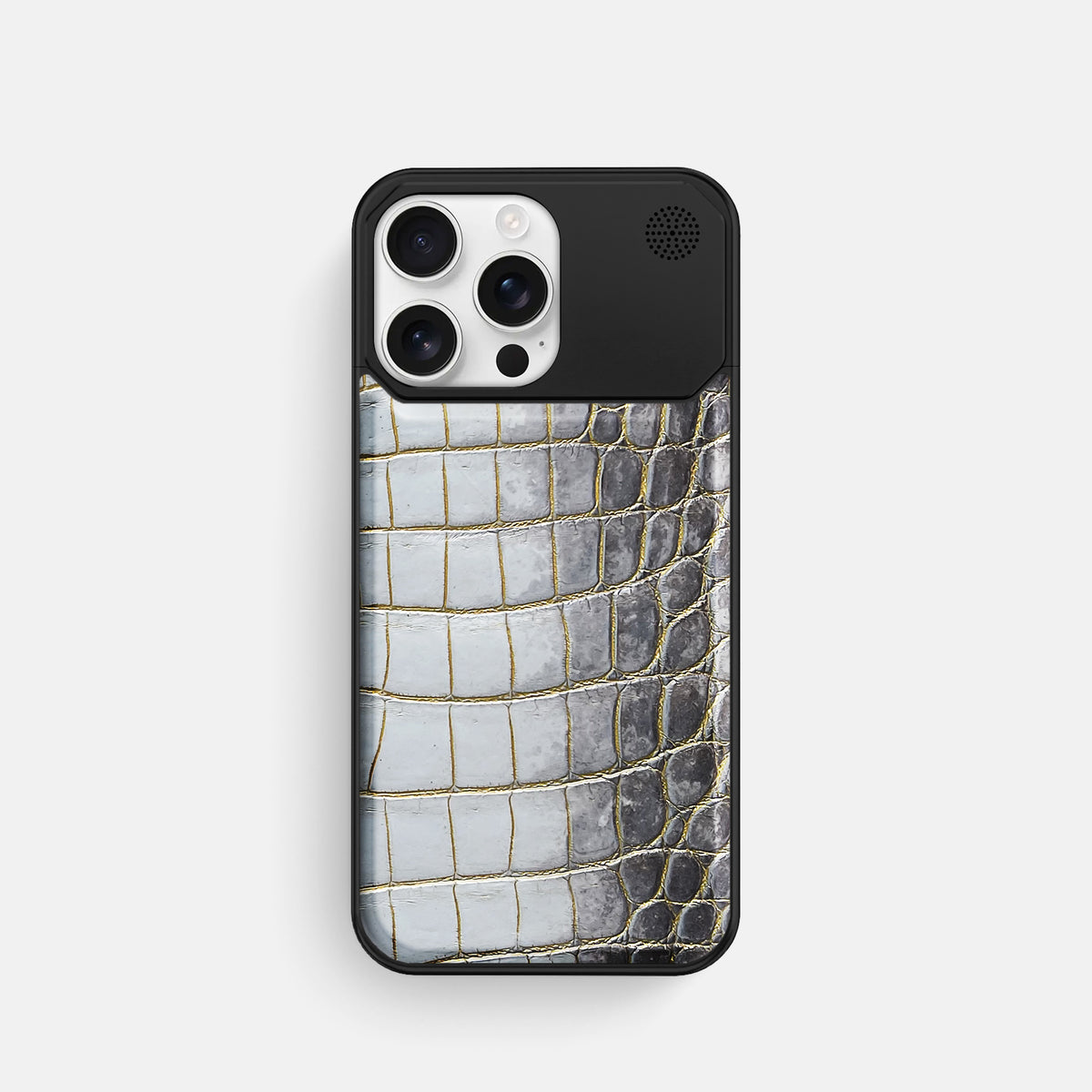 Gold iPhone 16 Pro Cyber Case Himalayan Crocodile with Black Metal -1 | Gold-Black