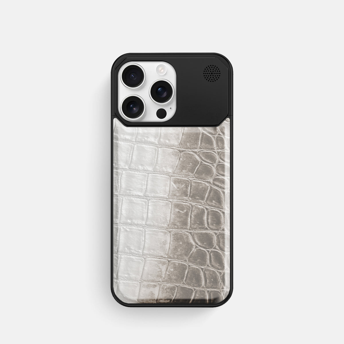 Grey iPhone 16 Pro Cyber Case Himalayan Crocodile with Black Metal -1 | Grey-Black