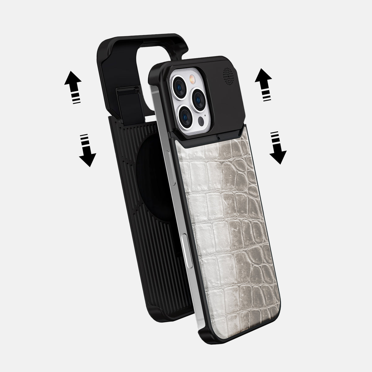 Grey iPhone 16 Pro Cyber Case Himalayan Crocodile with Black Metal -2 | Grey-Black