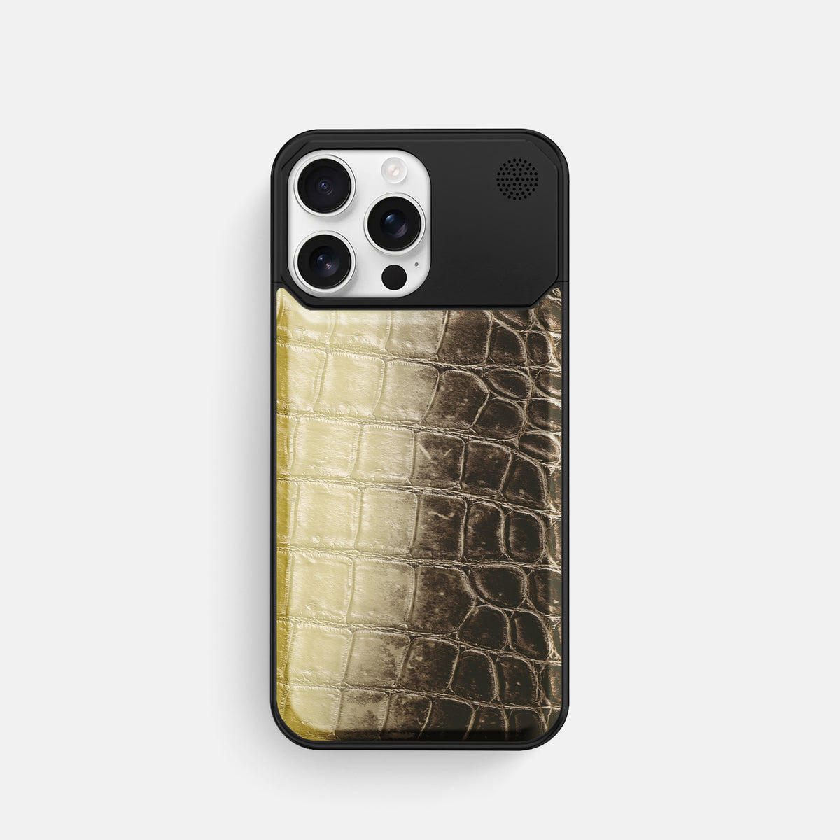 Natural iPhone 16 Pro Cyber Case Himalayan Crocodile with Black Metal -1 | Natural-Black