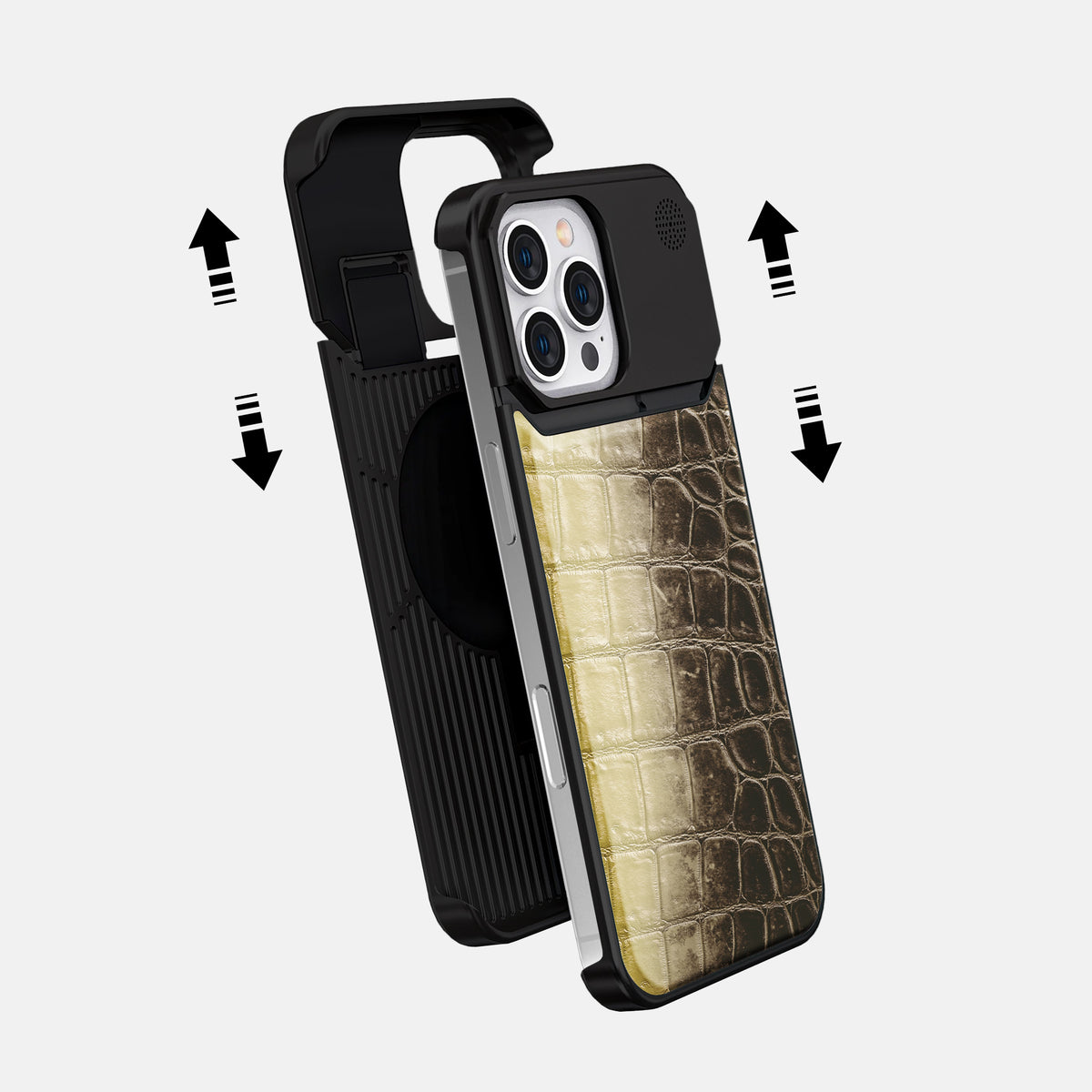 Natural iPhone 16 Pro Cyber Case Himalayan Crocodile with Black Metal -2 | Natural-Black