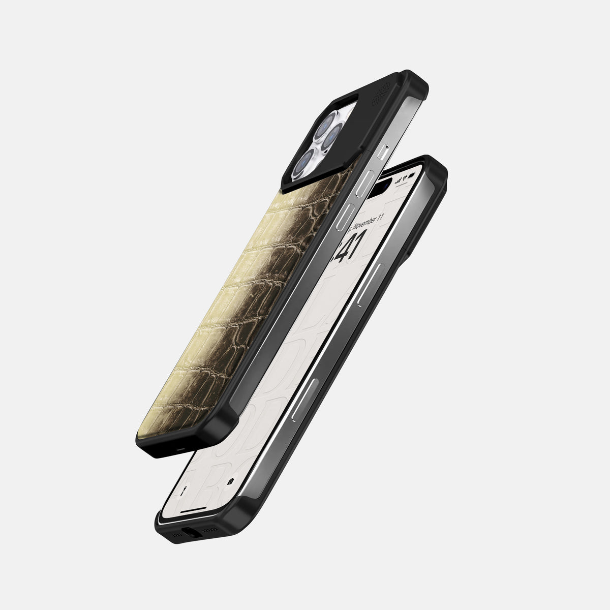 Natural iPhone 16 Pro Cyber Case Himalayan Crocodile with Black Metal -5 | Natural-Black