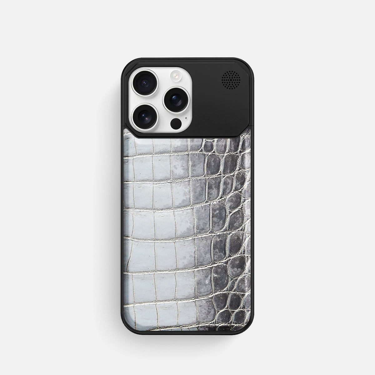 Silver iPhone 16 Pro Cyber Case Himalayan Crocodile with Black Metal -1 | Silver-Black