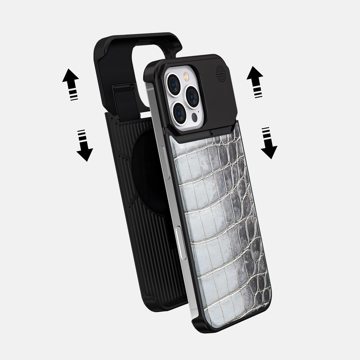 Silver iPhone 16 Pro Cyber Case Himalayan Crocodile with Black Metal -2 | Silver-Black