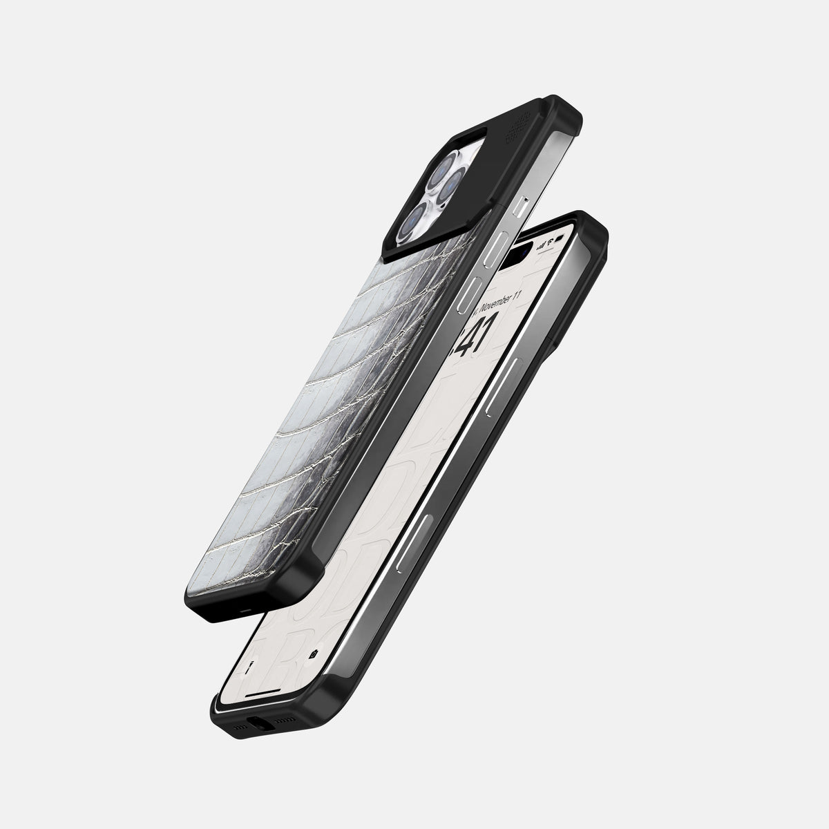Silver iPhone 16 Pro Cyber Case Himalayan Crocodile with Black Metal -5 | Silver-Black