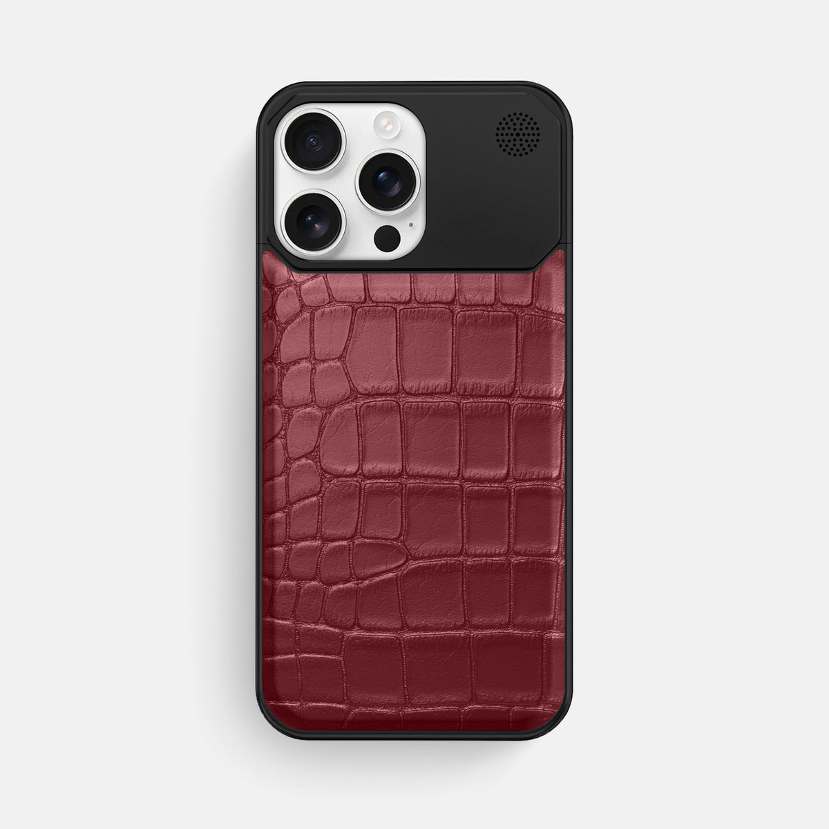 Burgundy iPhone 16 Pro Max Cyber Case In Alligator with Black Metal -1 | Burgundy-Black