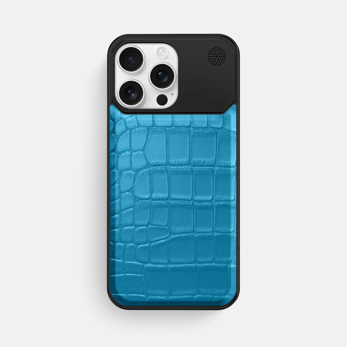 Curaçao-Blue iPhone 16 Pro Max Cyber Case In Alligator with Black Metal -1 | Curaçao-Blue-Black