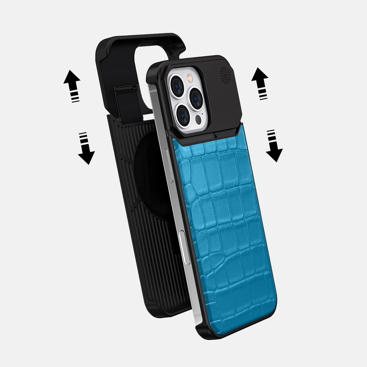 Curaçao-Blue iPhone 16 Pro Max Cyber Case In Alligator with Black Metal -2 | Curaçao-Blue-Black