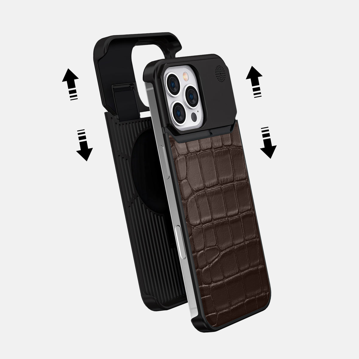 Dark-Brown iPhone 16 Pro Max Cyber Case In Alligator with Black Metal -2 | Dark-Brown-Black