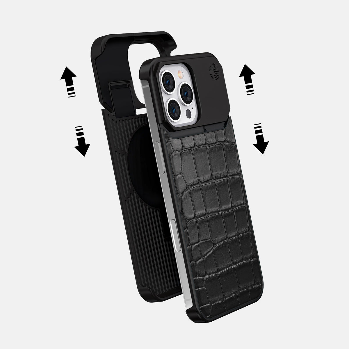 Black iPhone 16 Pro Max Cyber Case In Alligator with Black Metal -2 | Black-Black