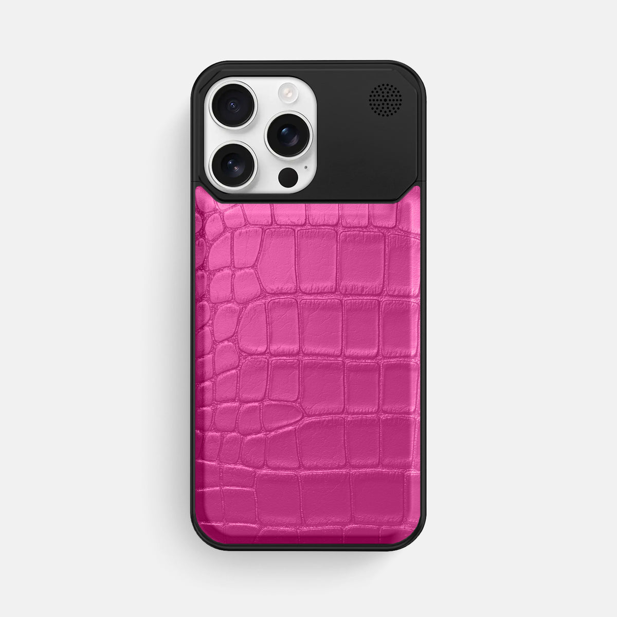 Fuchsia iPhone 16 Pro Max Cyber Case In Alligator with Black Metal -1 | Fuchsia-Black