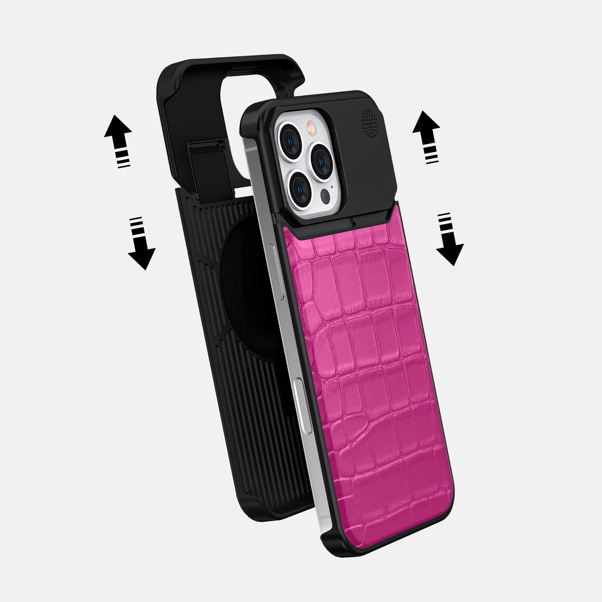 Fuchsia iPhone 16 Pro Max Cyber Case In Alligator with Black Metal -2 | Fuchsia-Black
