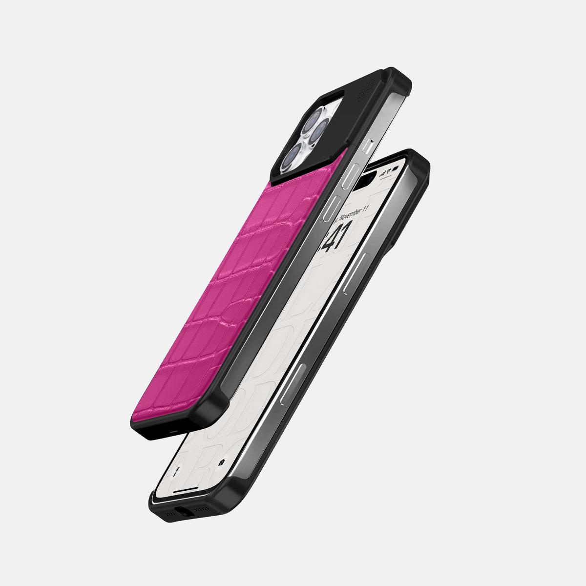 Fuchsia iPhone 16 Pro Max Cyber Case In Alligator with Black Metal -5 | Fuchsia-Black