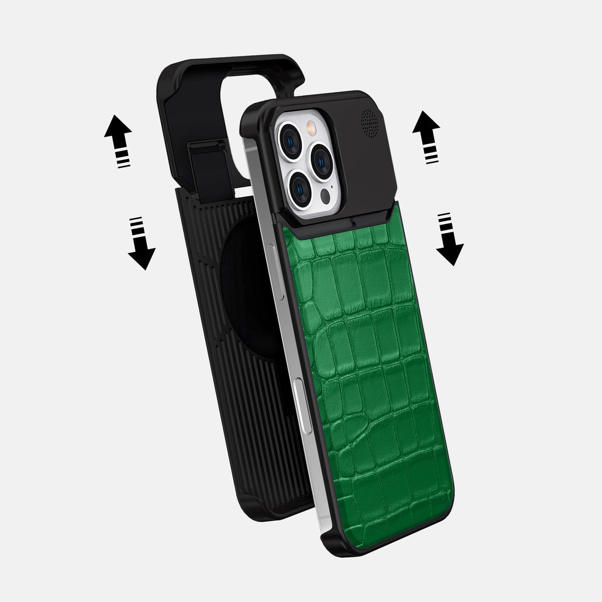 Forest-Green iPhone 16 Pro Max Cyber Case In Alligator with Black Metal -2 | Forest-Green-Black