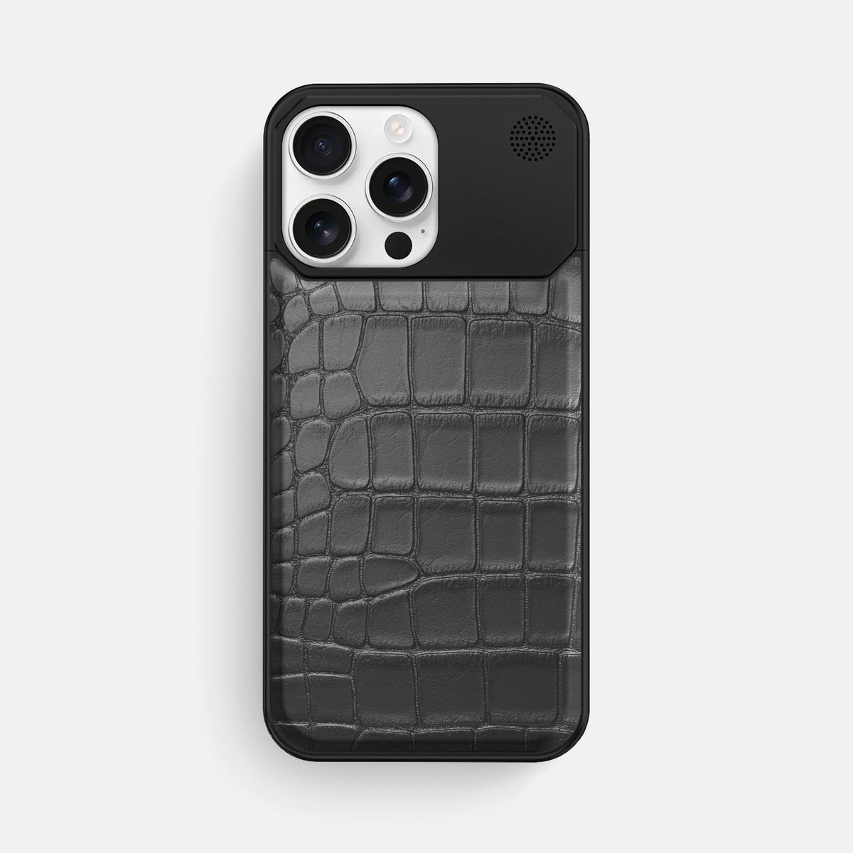 Grey iPhone 16 Pro Max Cyber Case In Alligator with Black Metal -1 | Grey-Black