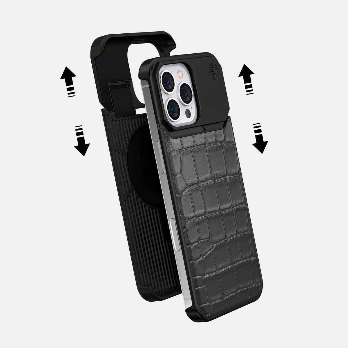 Grey iPhone 16 Pro Max Cyber Case In Alligator with Black Metal -2 | Grey-Black