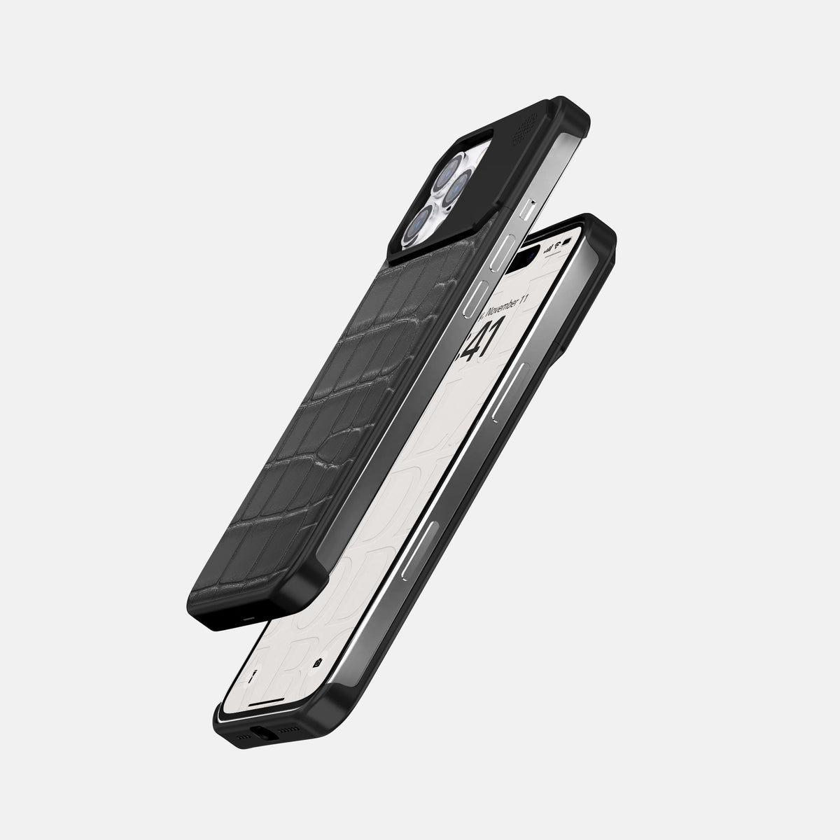 Grey iPhone 16 Pro Max Cyber Case In Alligator with Black Metal -5 | Grey-Black