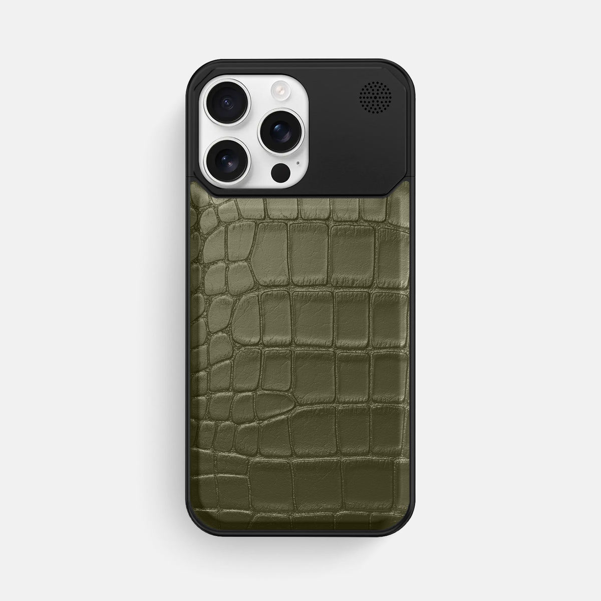 Kaki-Green iPhone 16 Pro Max Cyber Case In Alligator with Black Metal -1 | Kaki-Green-Black