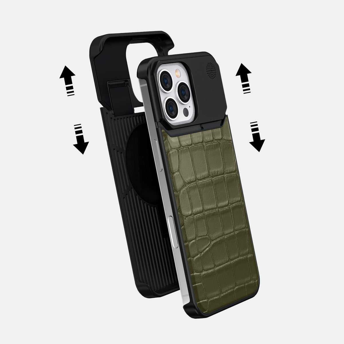 Kaki-Green iPhone 16 Pro Max Cyber Case In Alligator with Black Metal -2 | Kaki-Green-Black