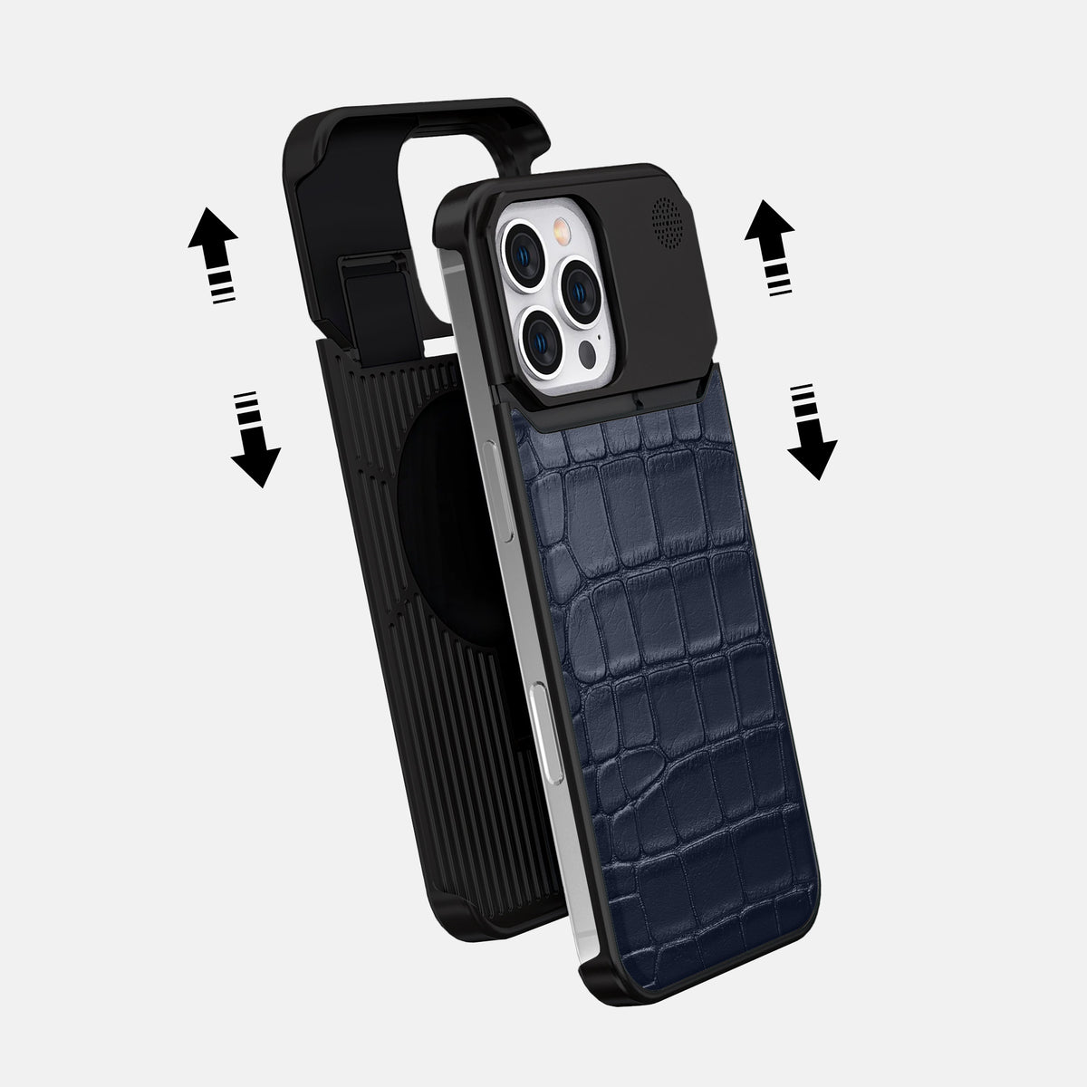 Navy Blue iPhone 16 Pro Max Cyber Case In Alligator with Black Metal -2 | Navy-Blue-Black