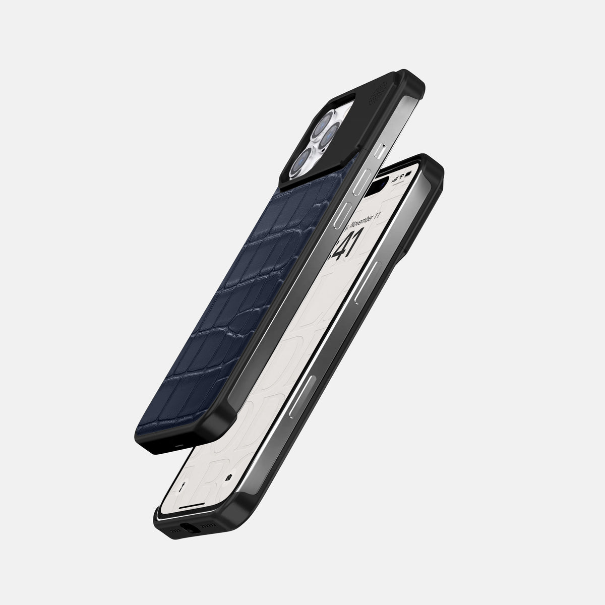 Navy Blue iPhone 16 Pro Max Cyber Case In Alligator with Black Metal -5 | Navy-Blue-Black