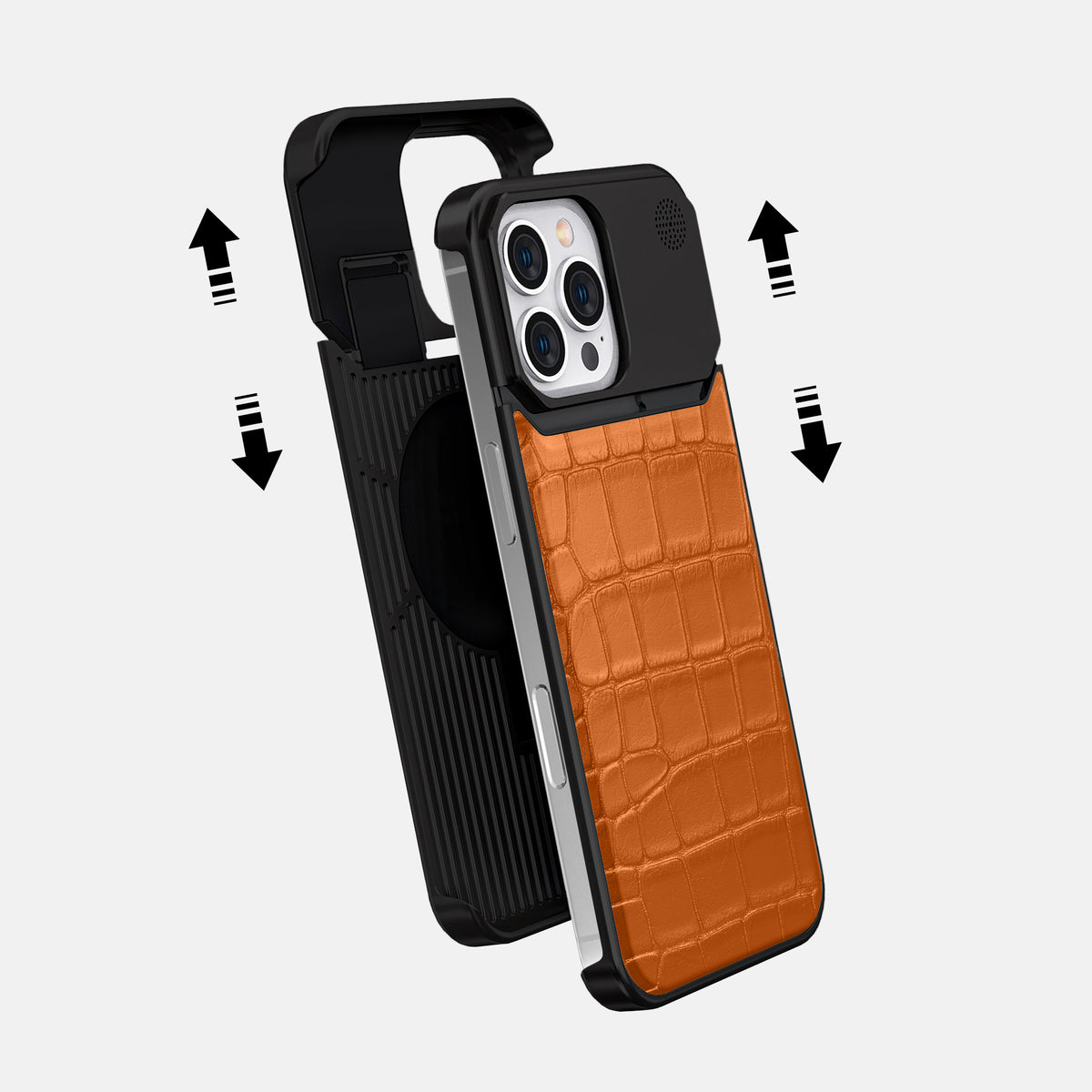 Orange iPhone 16 Pro Max Cyber Case In Alligator with Black Metal -2 | Orange-Black