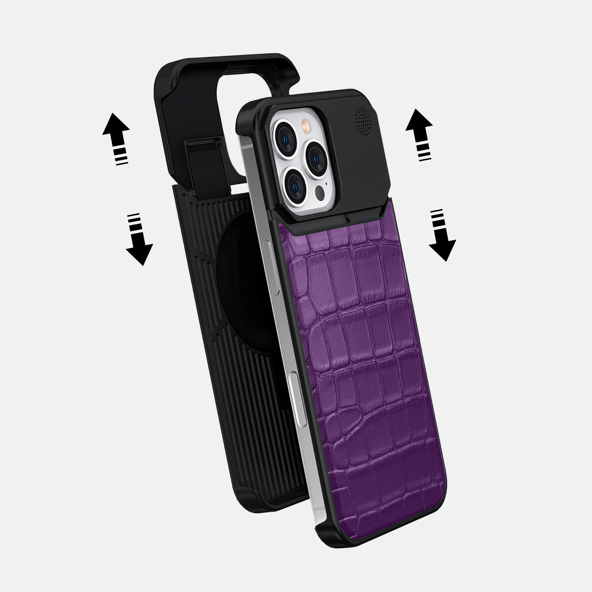Purple iPhone 16 Pro Max Cyber Case In Alligator with Black Metal -2 | Purple-Black