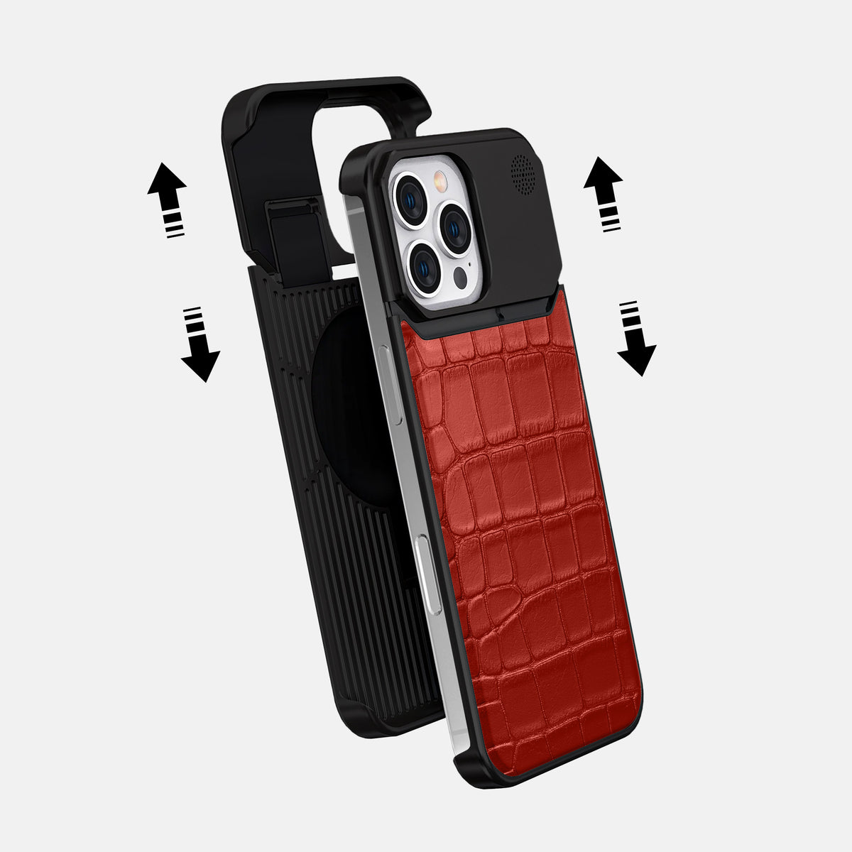 Red iPhone 16 Pro Max Cyber Case In Alligator with Black Metal -2 | Red-Black