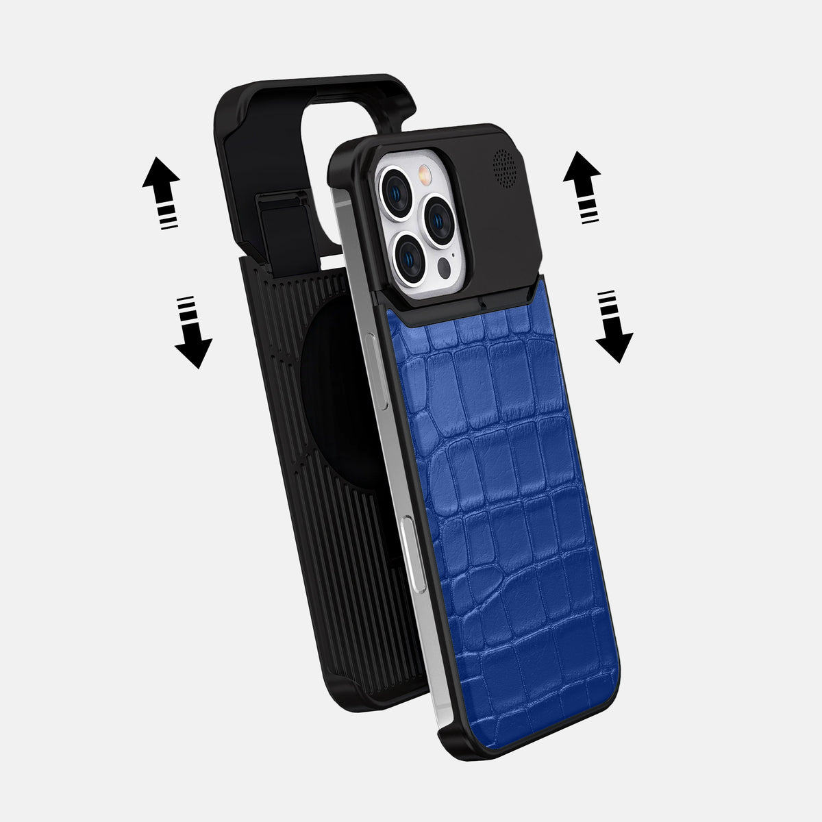 Royal Blue iPhone 16 Pro Max Cyber Case In Alligator with Black Metal -2 | Royal-Blue-Black
