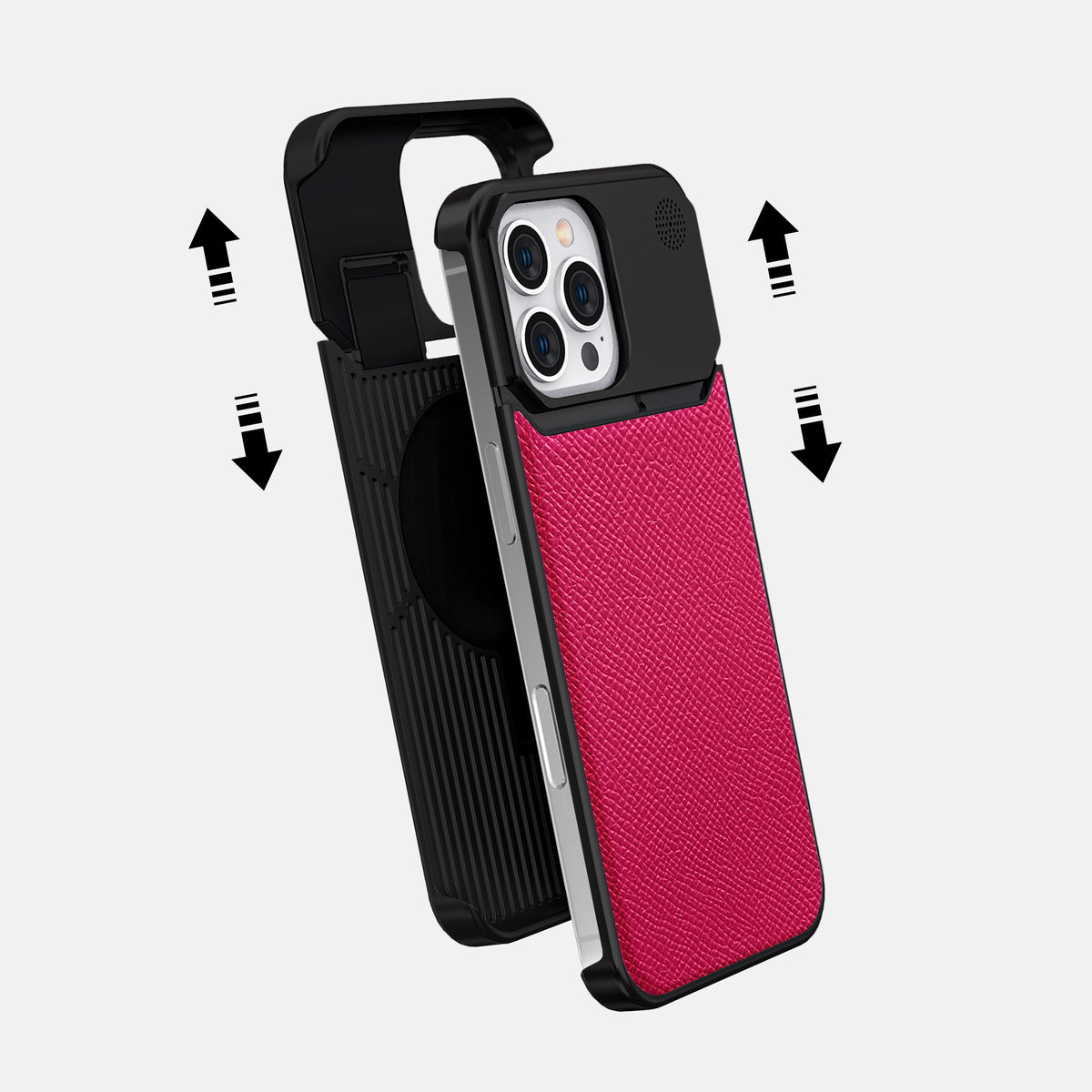 Fuchsia iPhone 16 Pro Max Cyber Case Epsom-Calf with Black Metal -2 | Fuchsia-Black