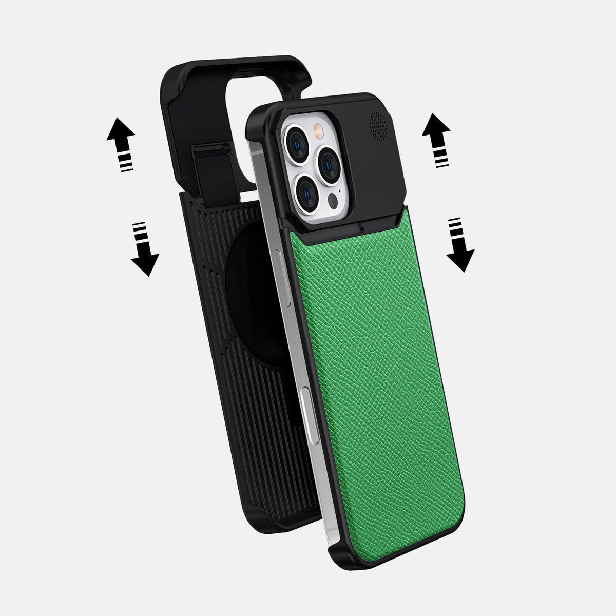 Grass-Green iPhone 16 Pro Max Cyber Case Epsom-Calf with Black Metal -2 | Grass-Green-Black