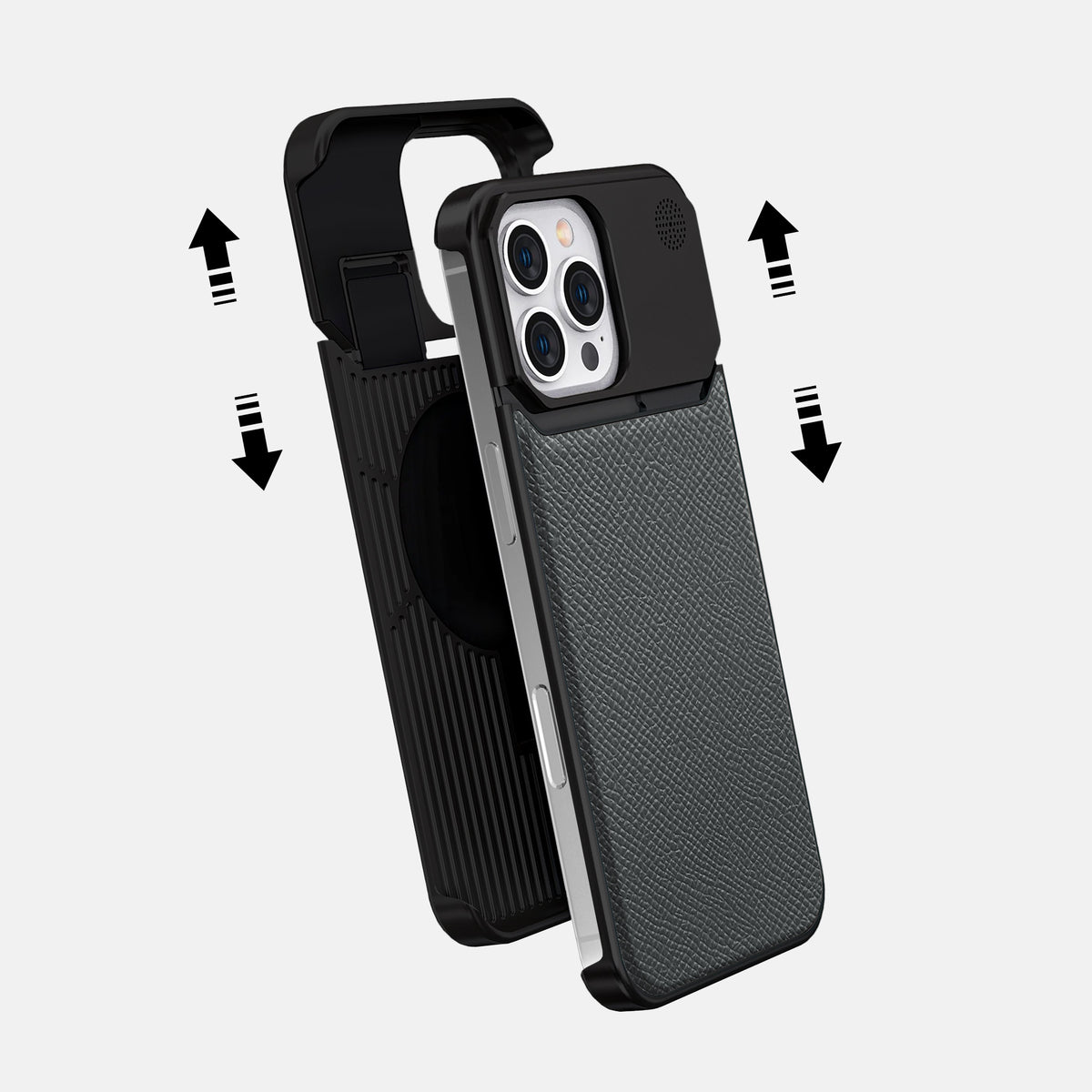 Grey iPhone 16 Pro Max Cyber Case Epsom-Calf with Black Metal -2 | Grey-Black