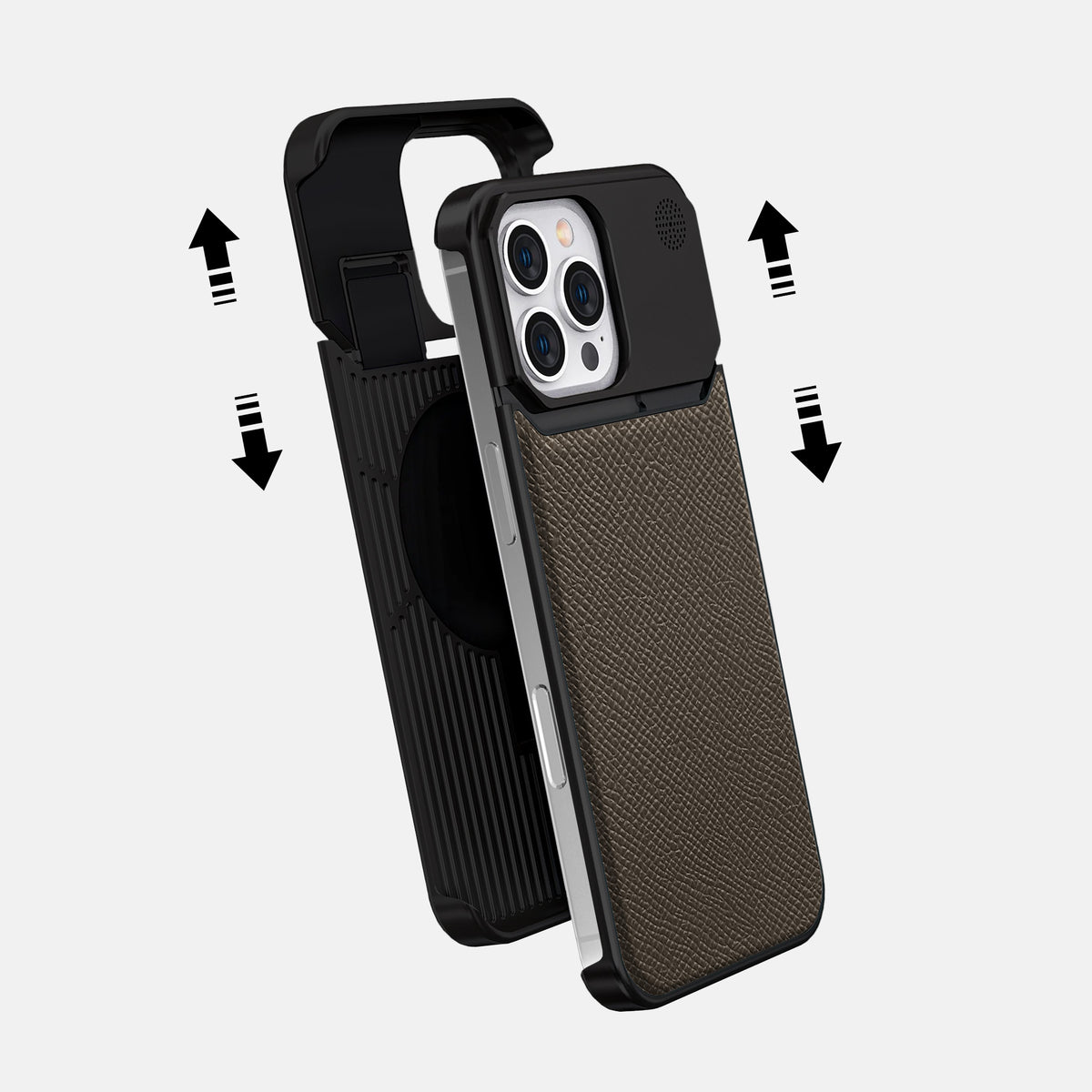 Taupe iPhone 16 Pro Max Cyber Case Epsom-Calf with Black Metal -2 | Taupe-Black