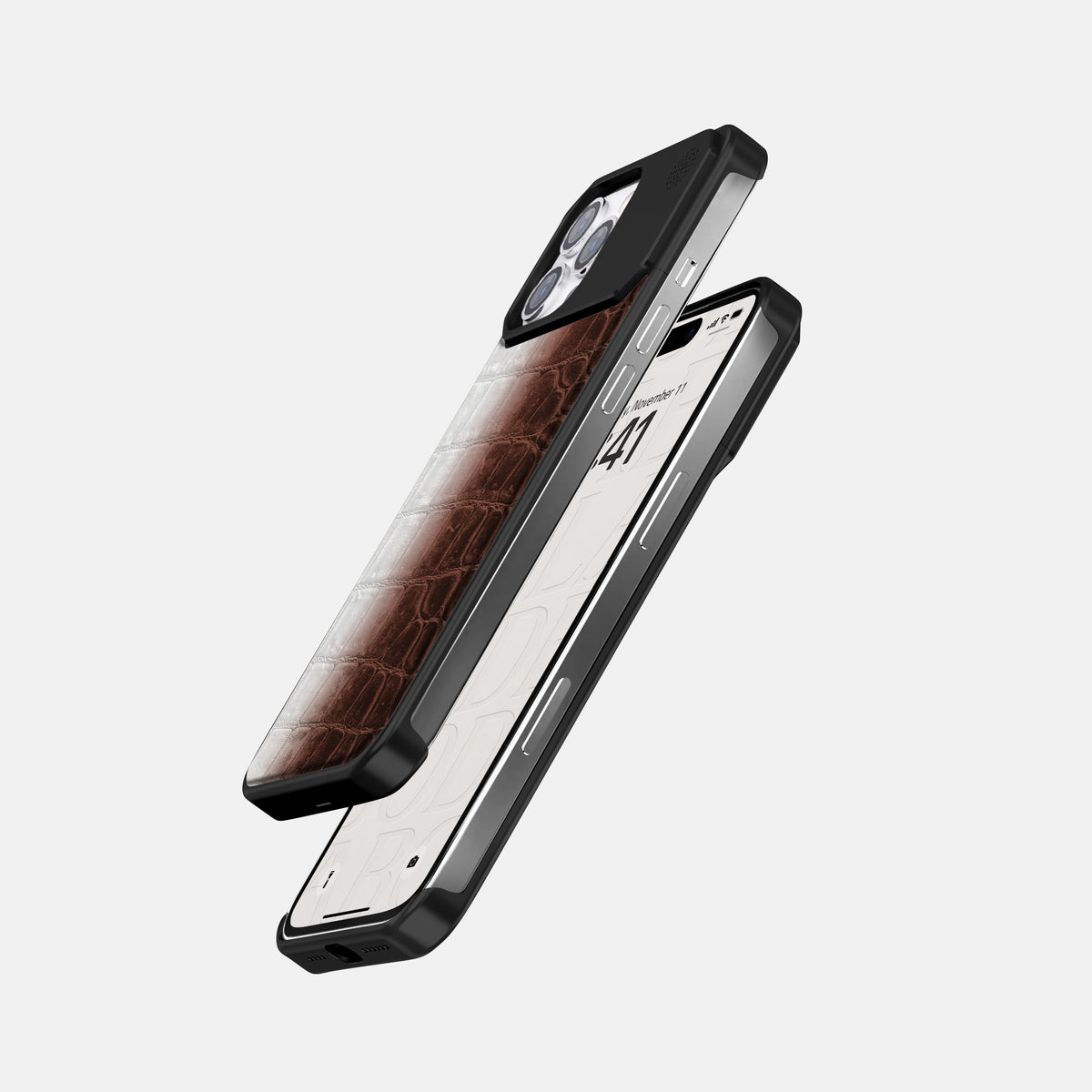 Dark Brown iPhone 16 Pro Max Cyber Case Himalayan Crocodile with Black Metal -5 | Dark-Brown-Black