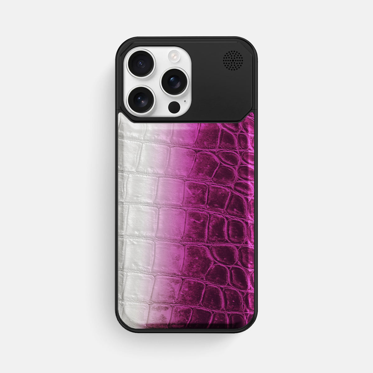 Fuchsia iPhone 16 Pro Max Cyber Case Himalayan Crocodile with Black Metal -1 | Fuchsia-Black