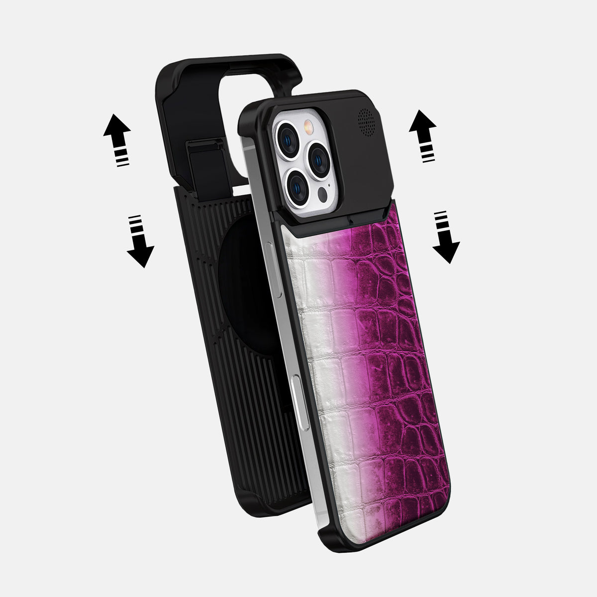 Fuchsia iPhone 16 Pro Max Cyber Case Himalayan Crocodile with Black Metal -2 | Fuchsia-Black