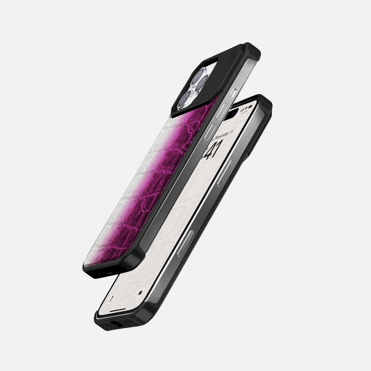 Fuchsia iPhone 16 Pro Max Cyber Case Himalayan Crocodile with Black Metal -5 | Fuchsia-Black