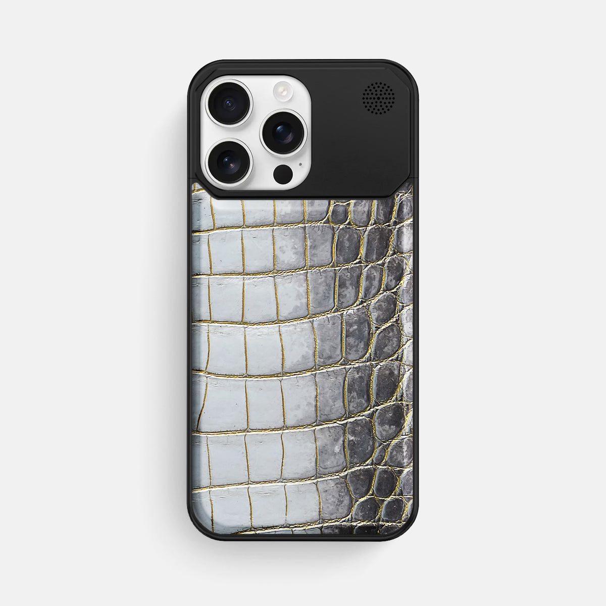Gold iPhone 16 Pro Max Cyber Case Himalayan Crocodile with Black Metal -1 | Gold-Black