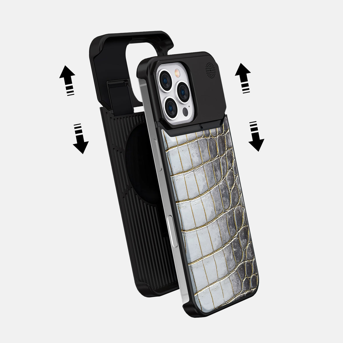 Gold iPhone 16 Pro Max Cyber Case Himalayan Crocodile with Black Metal -2 | Gold-Black