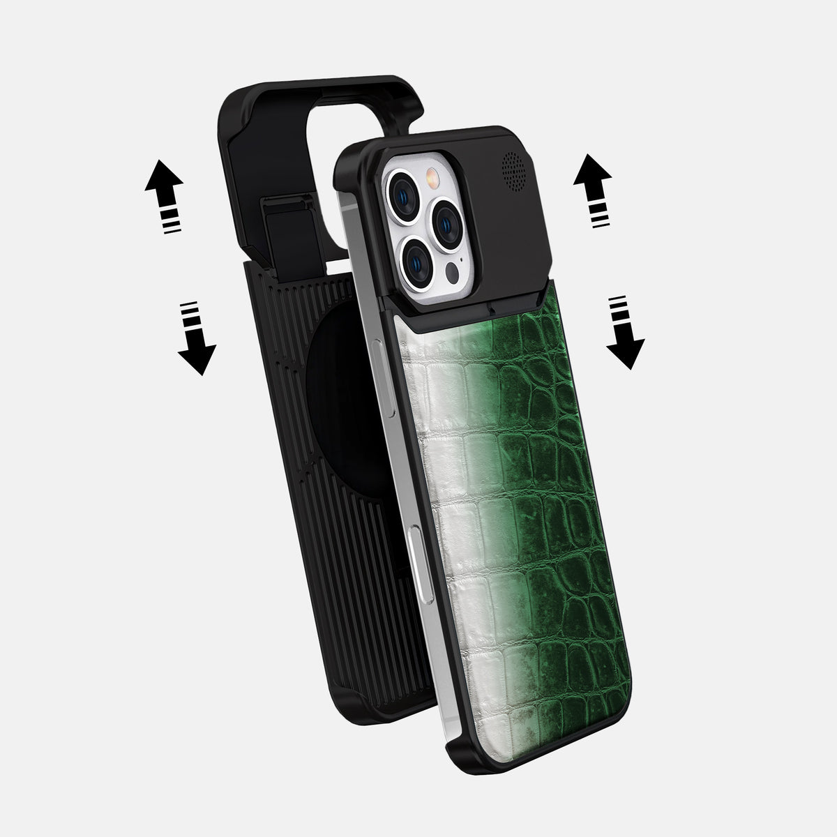 Green iPhone 16 Pro Max Cyber Case Himalayan Crocodile with Black Metal -2 | Green-Black